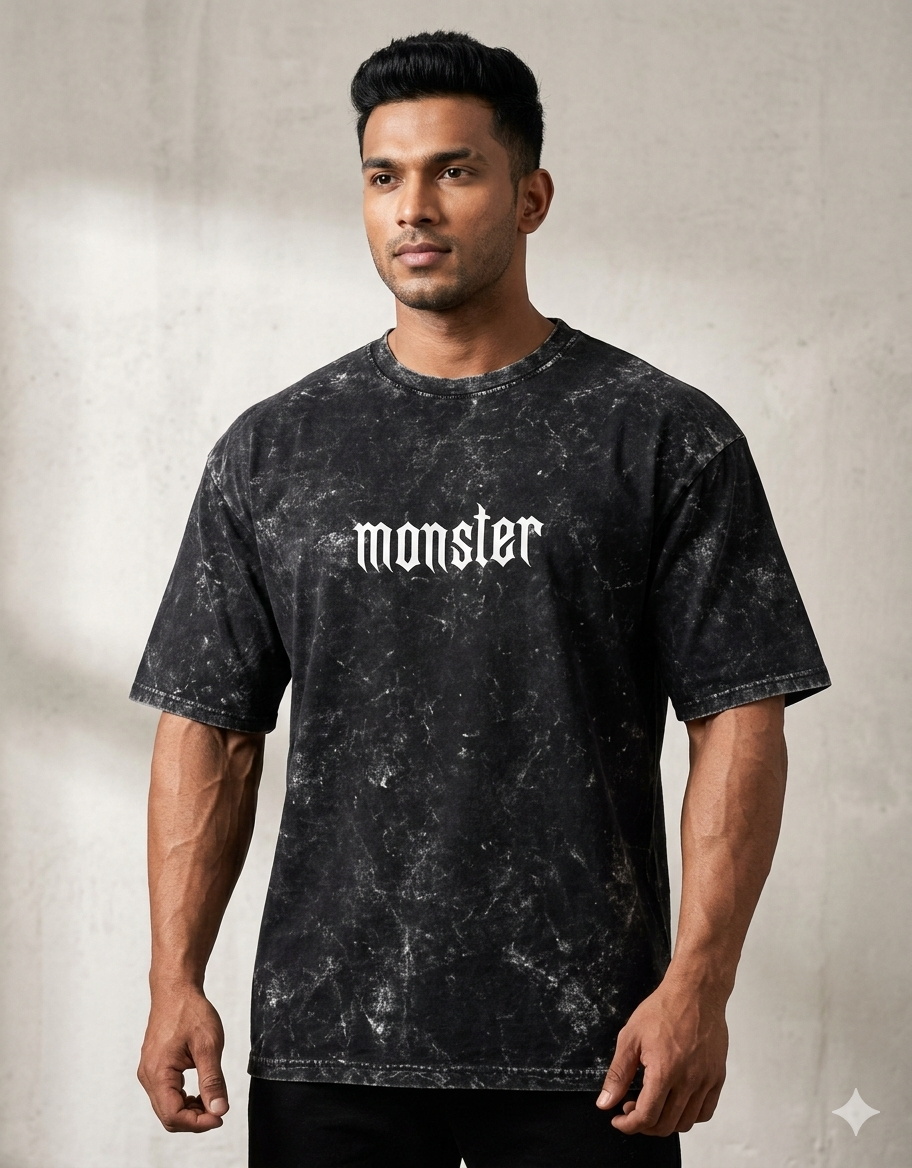 Monster Print Acid Wash Oversized T-Shirt – 240 GSM Heavyweight Streetwear